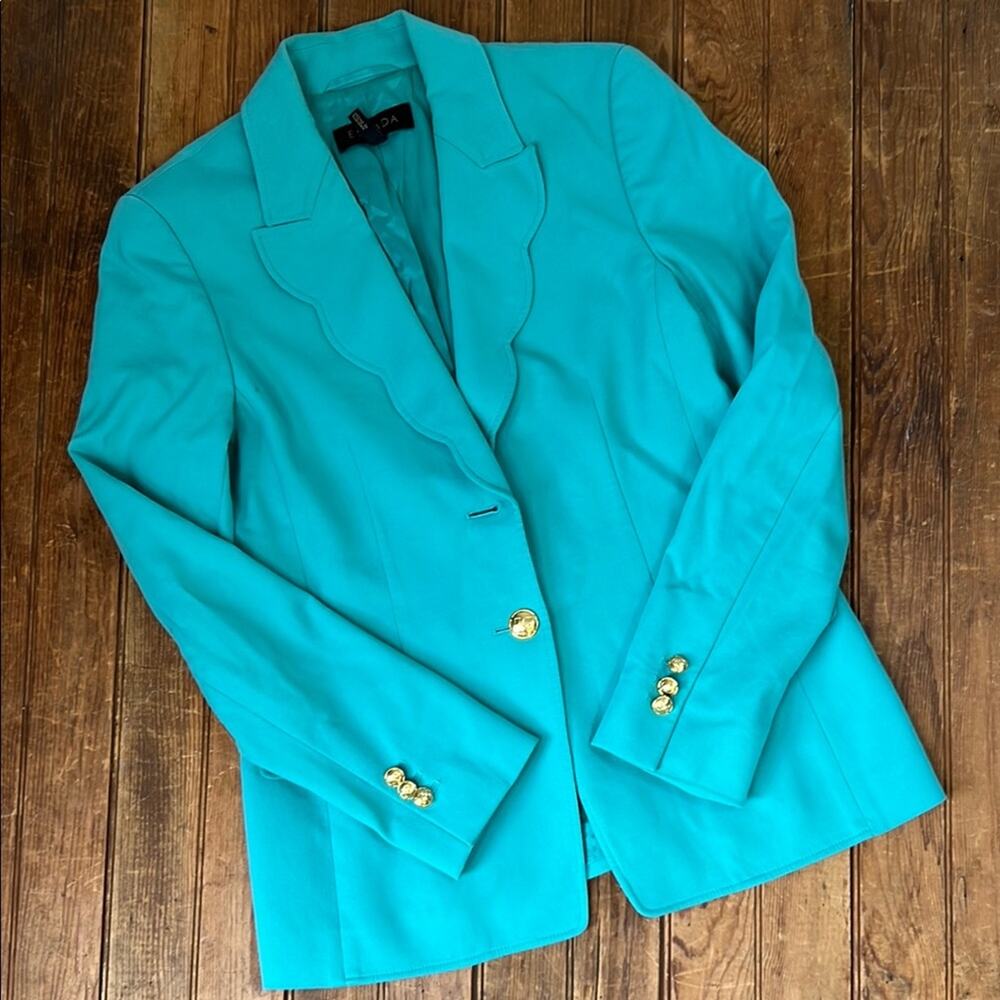 Vintage 90s Women’s Escada Jacket Blazer pool Blue scalloped collar cotton